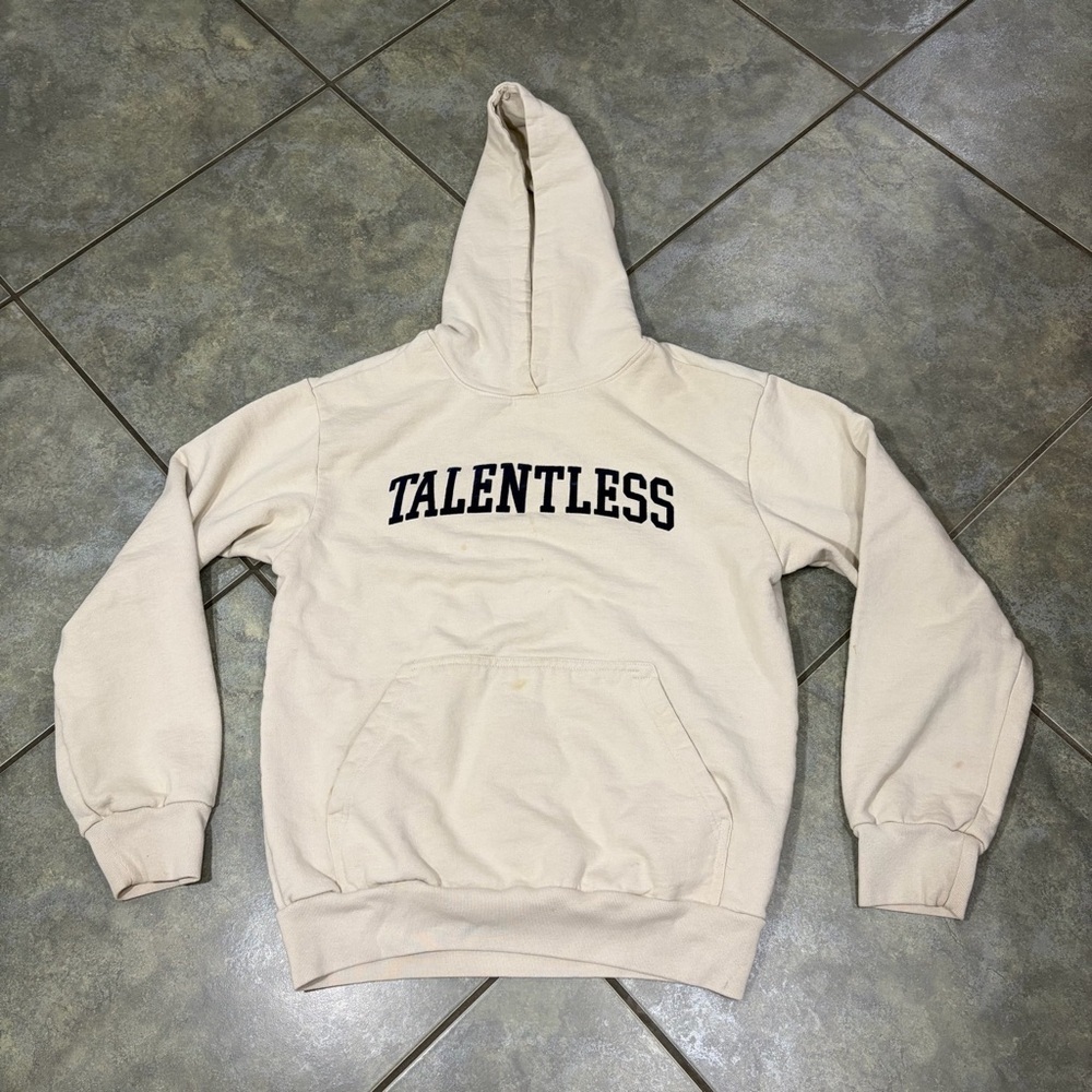 TALENTLESS Beige Pullover Hoodie Sweatshirt Graphic Print Casual Preppy Sz M